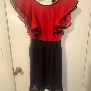 H&M Red and Black Ruffle Sleeve Mini Dress